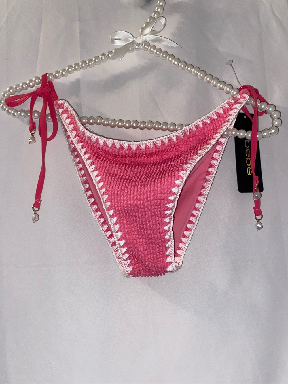 bebe Bright Pink Ribbed Pearl-Accent Crochet Trim  Bead Bikini Bottoms NWT S